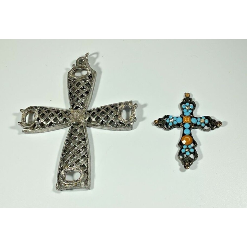 Pair Vintage Crosses Silver Tone 3" & Bronze w/ Faux Turquoise Beads Christian